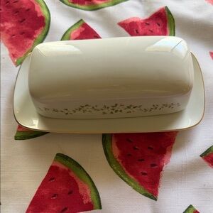 Ivory Ceramic Butter Dish with Green Leaf Accent
